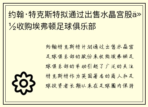 约翰·特克斯特拟通过出售水晶宫股份收购埃弗顿足球俱乐部 约翰·特克斯特拟通过出售水晶宫股份收购埃弗顿足球俱乐部