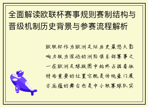 全面解读欧联杯赛事规则赛制结构与晋级机制历史背景与参赛流程解析